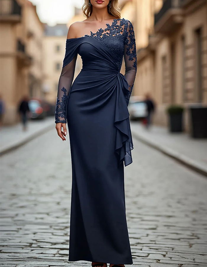 Vestido Maxi Drapeado de Renda com Ombro Único e Cor Sólida