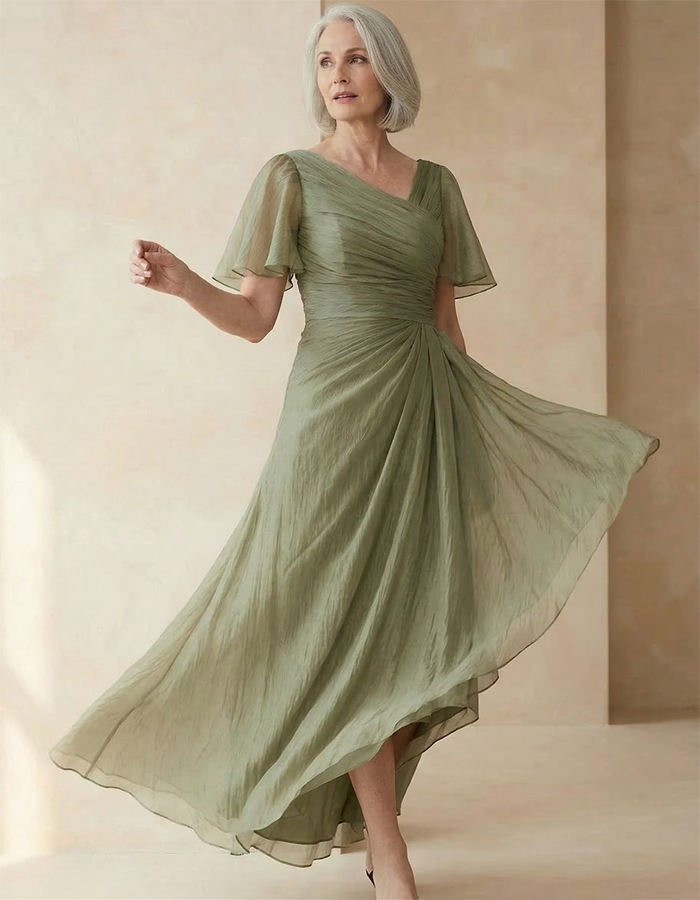 Maxikleid aus graugrünem, drapiertem Chiffon mit V-Ausschnitt