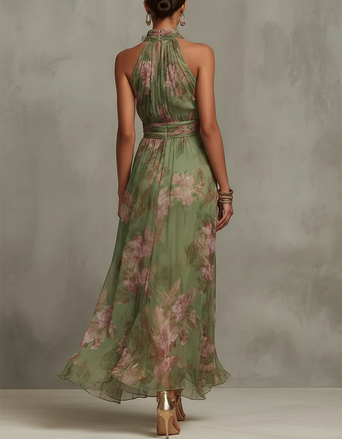 Sage Green Halter Neck Floral Chiffon Maxi Dress