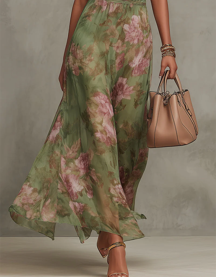 Saliegroene chiffon maxi-jurk met halterneck en bloemenprint