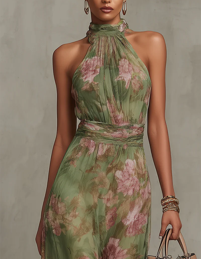 Saliegroene chiffon maxi-jurk met halterneck en bloemenprint
