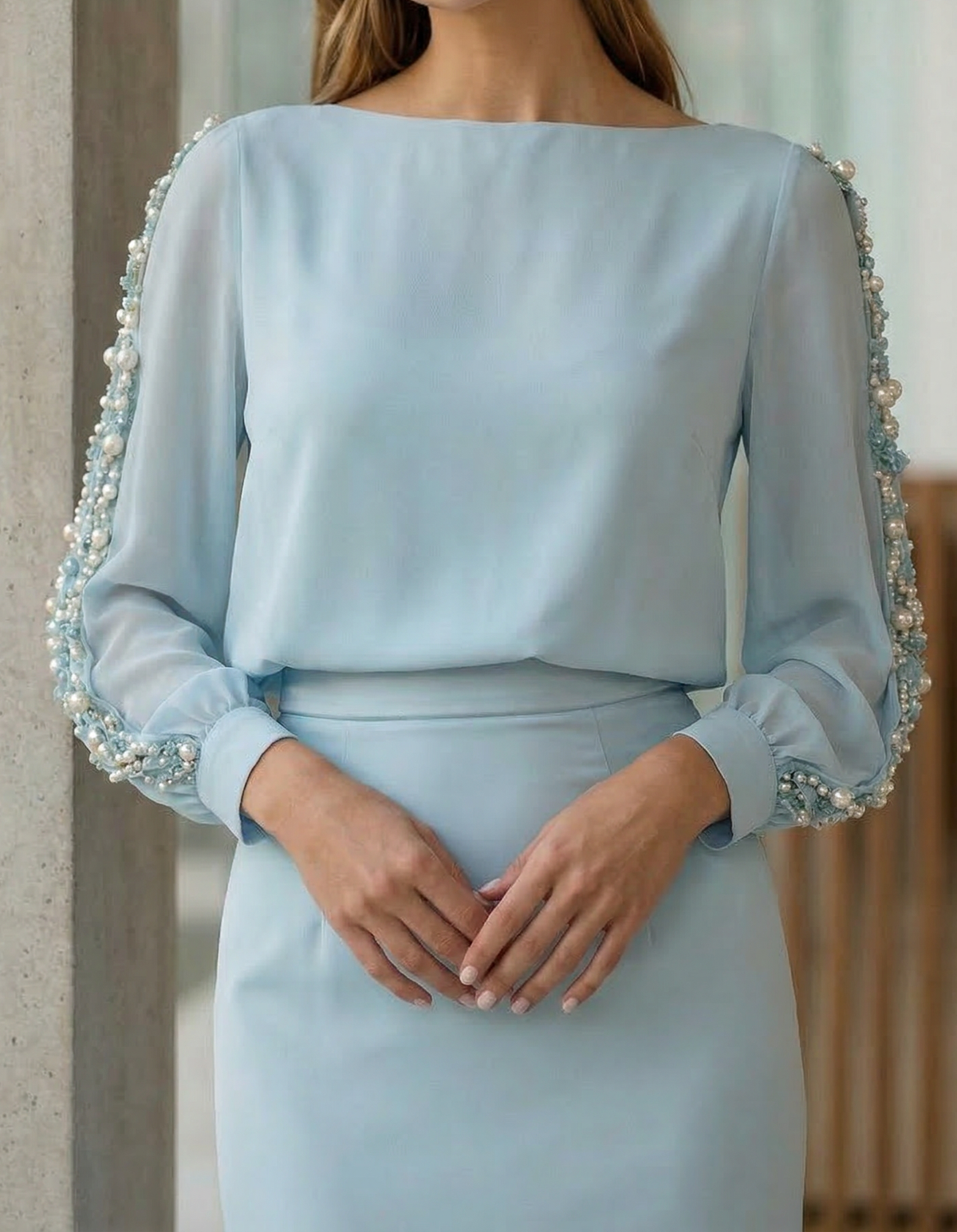 Abito lungo sirena in chiffon blu perla