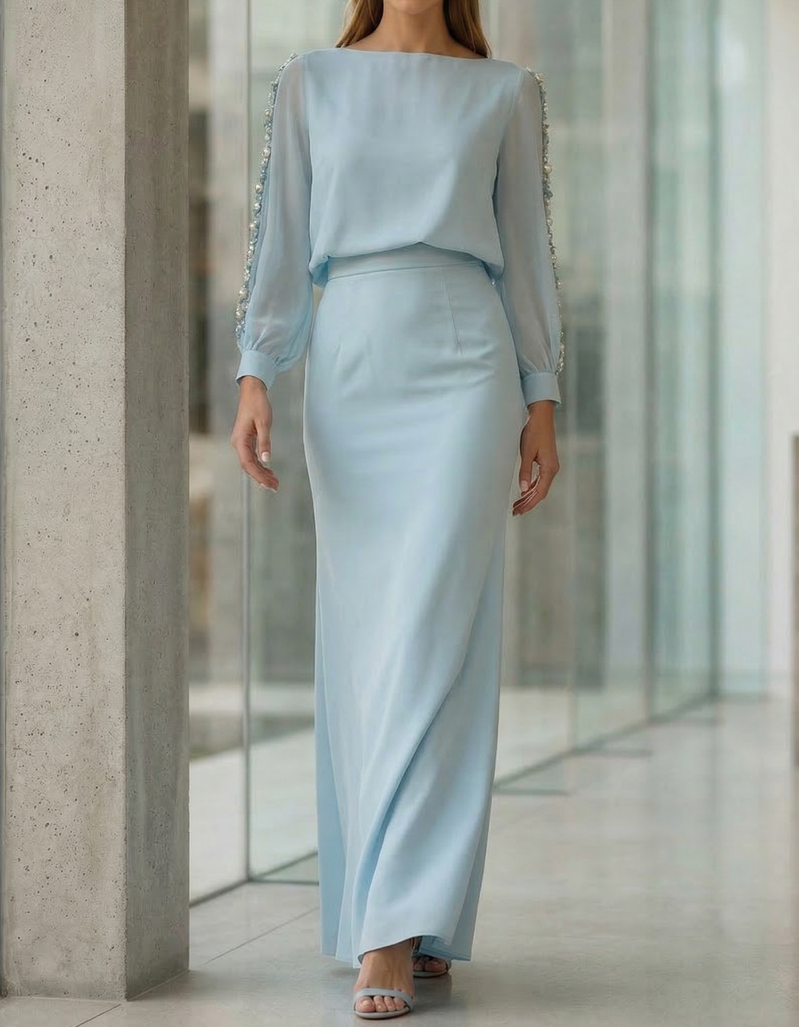 Abito lungo sirena in chiffon blu perla