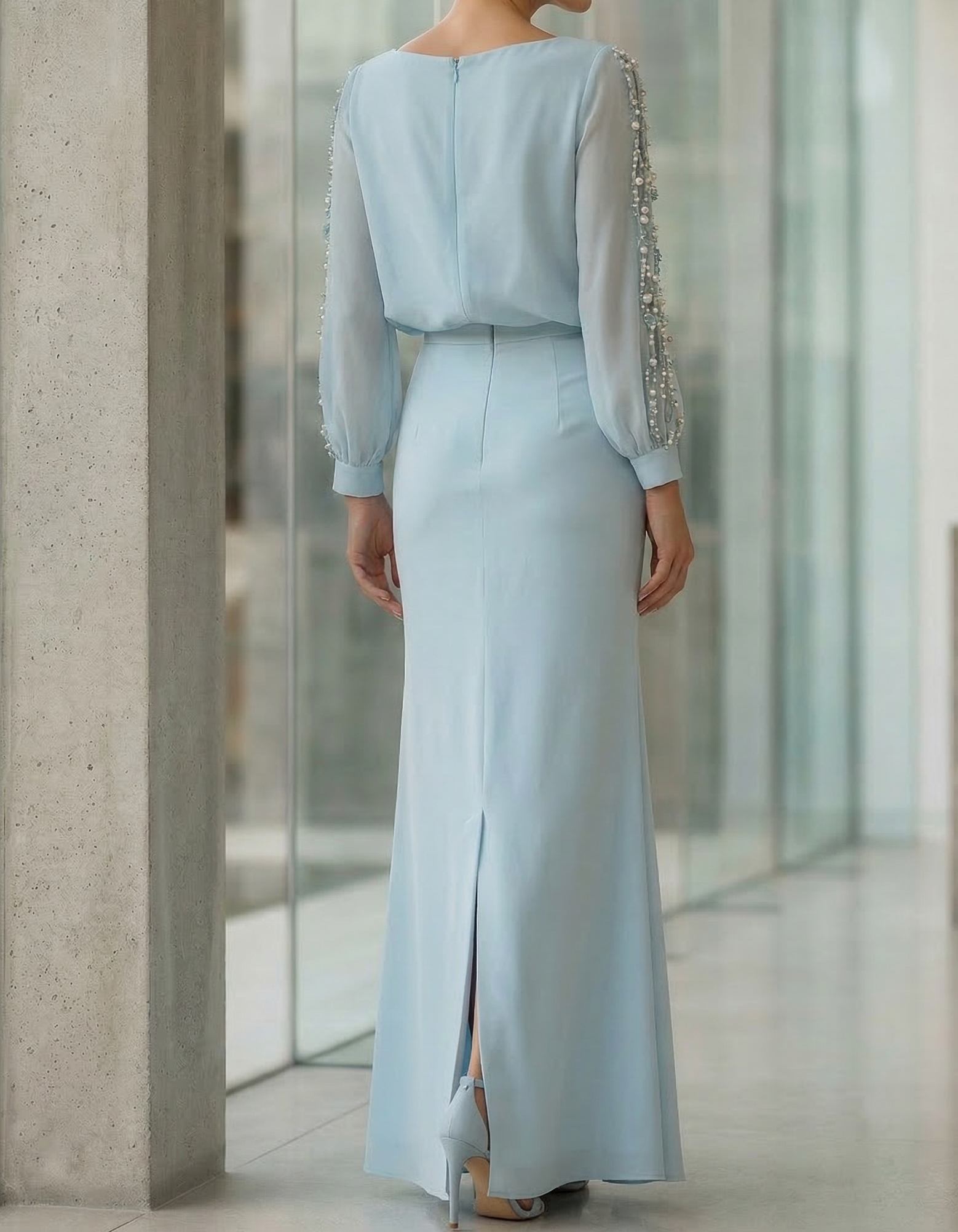 Chiffon Maxikleid in Blau mit Perlen, Meerjungfrau-Stil