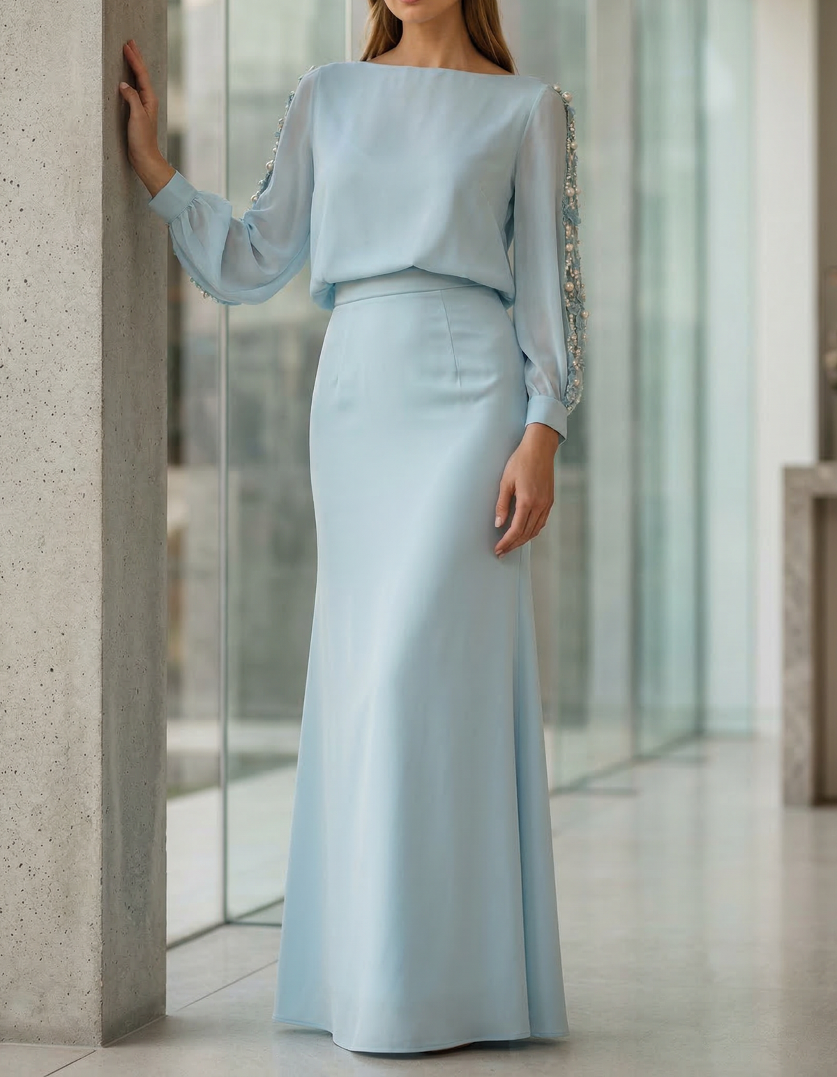 Abito lungo sirena in chiffon blu perla