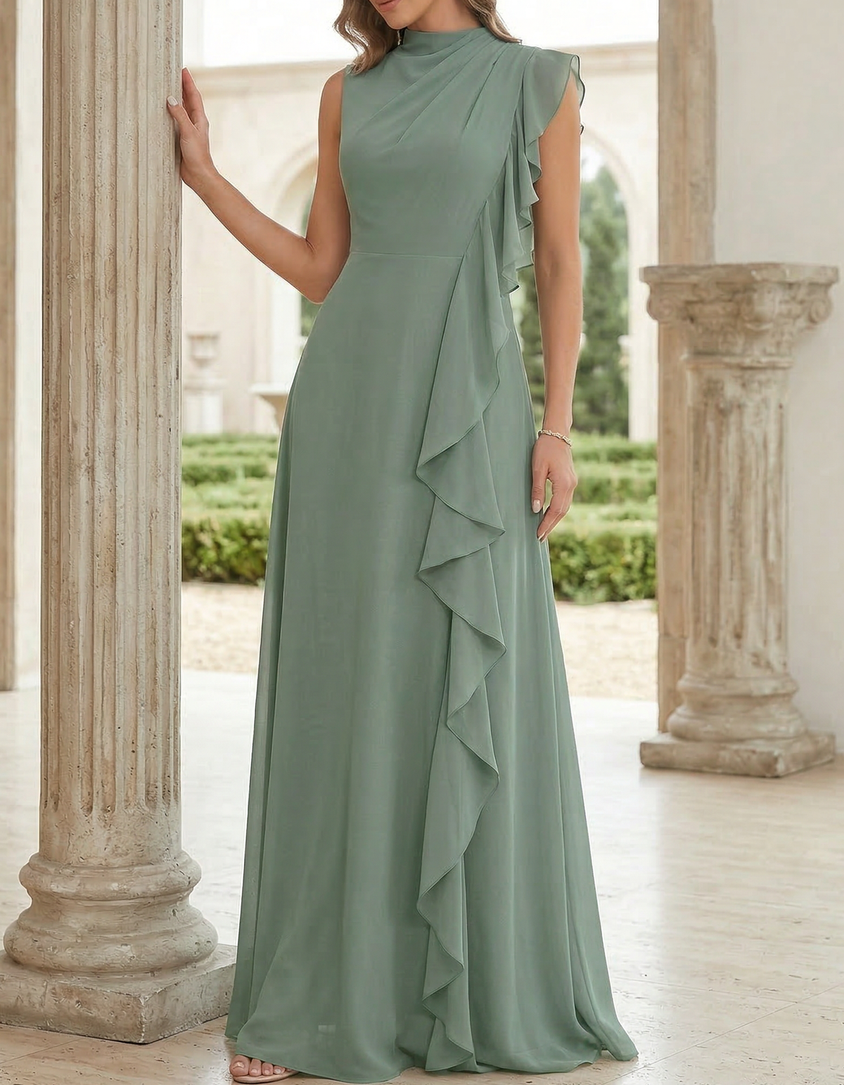 Robe maxi en mousseline à col rond avec volants