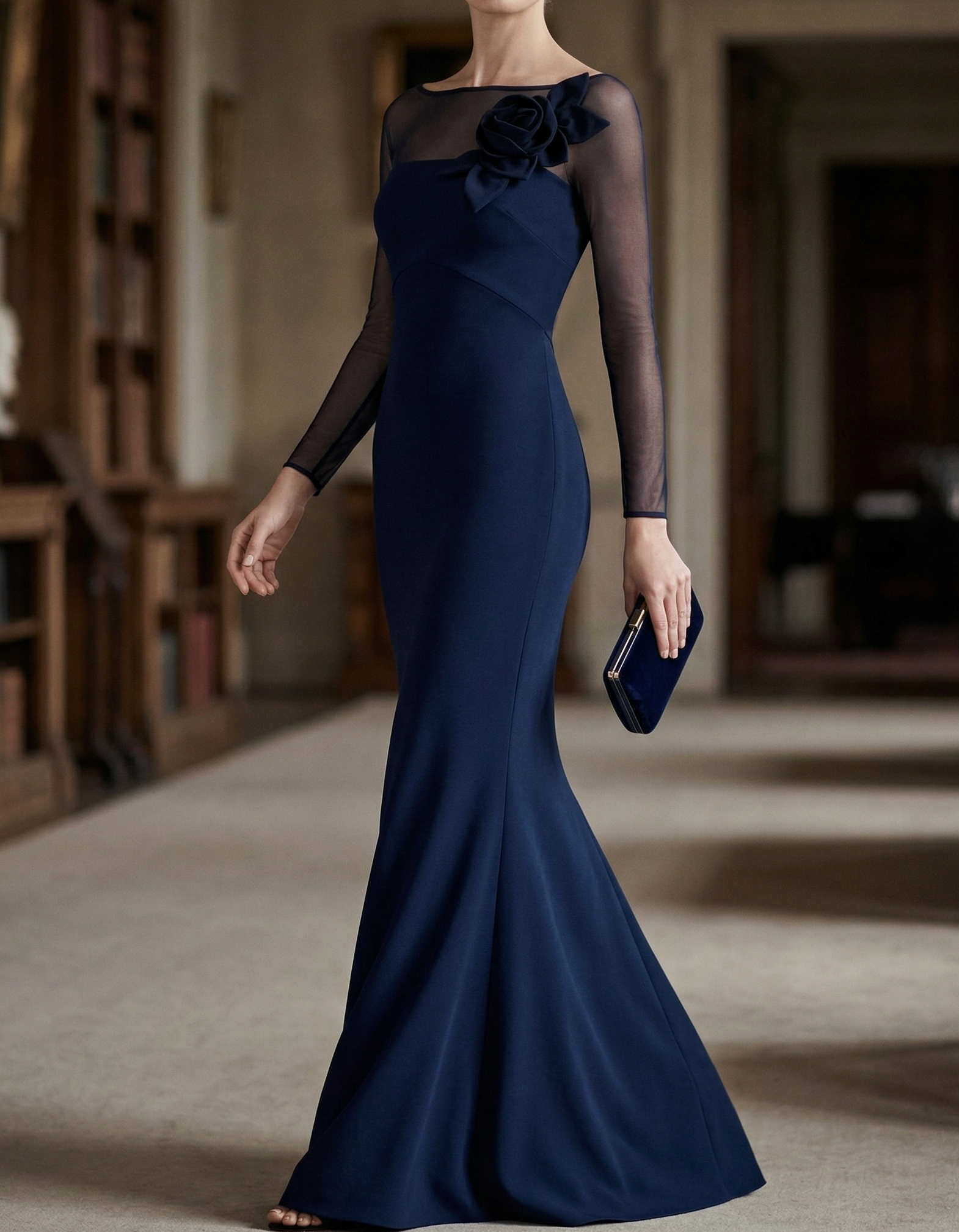 Vestido maxi de gasa azul marino con estampado floral