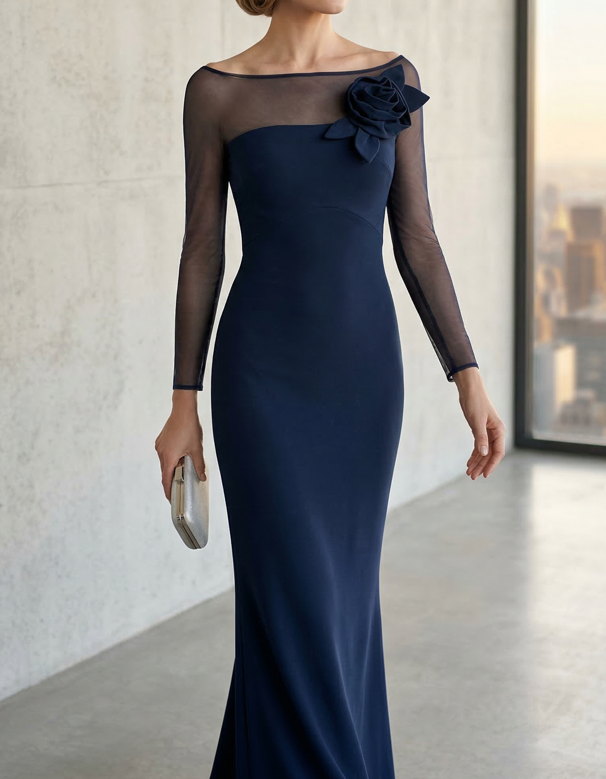 Vestido maxi de gasa azul marino con estampado floral