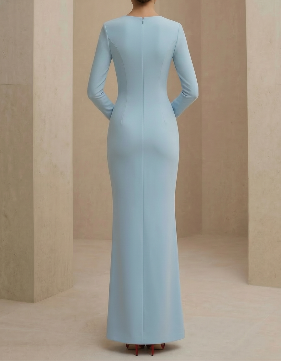 Vestido maxi de gasa azul bordado con encaje