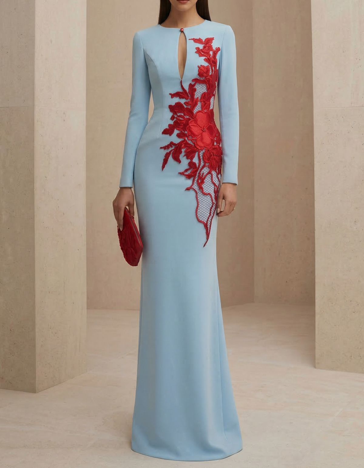 Vestido maxi de gasa azul bordado con encaje