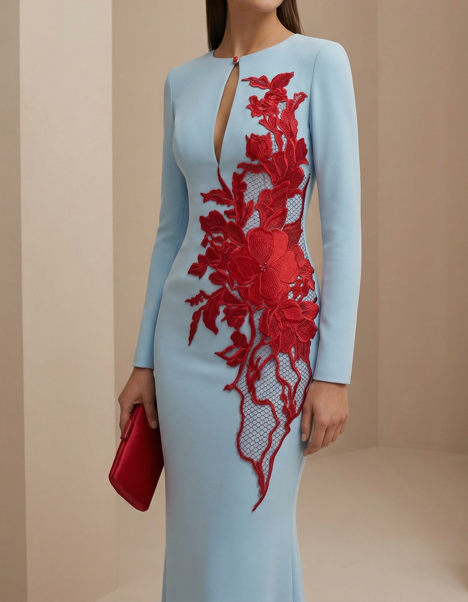 Abito lungo in chiffon blu con ricami in pizzo