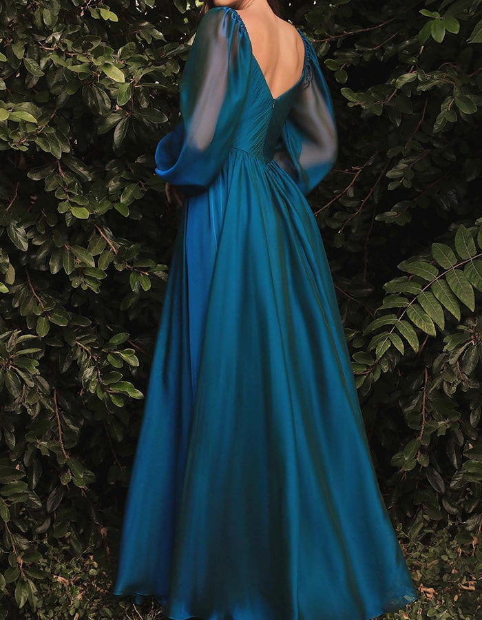 Rochie maxi din satin teal și chiffon cu mâneci bufante