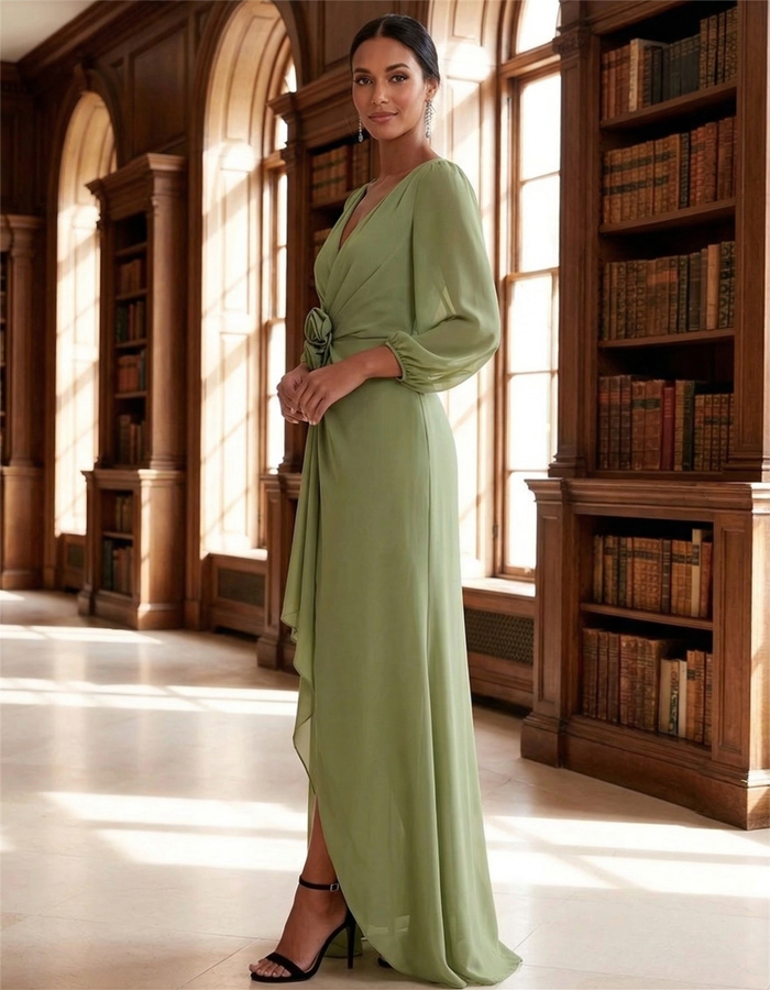Rochie maxi cu mâneci bufante, de culoare verde salvie, din șifon, cu decolteu în V