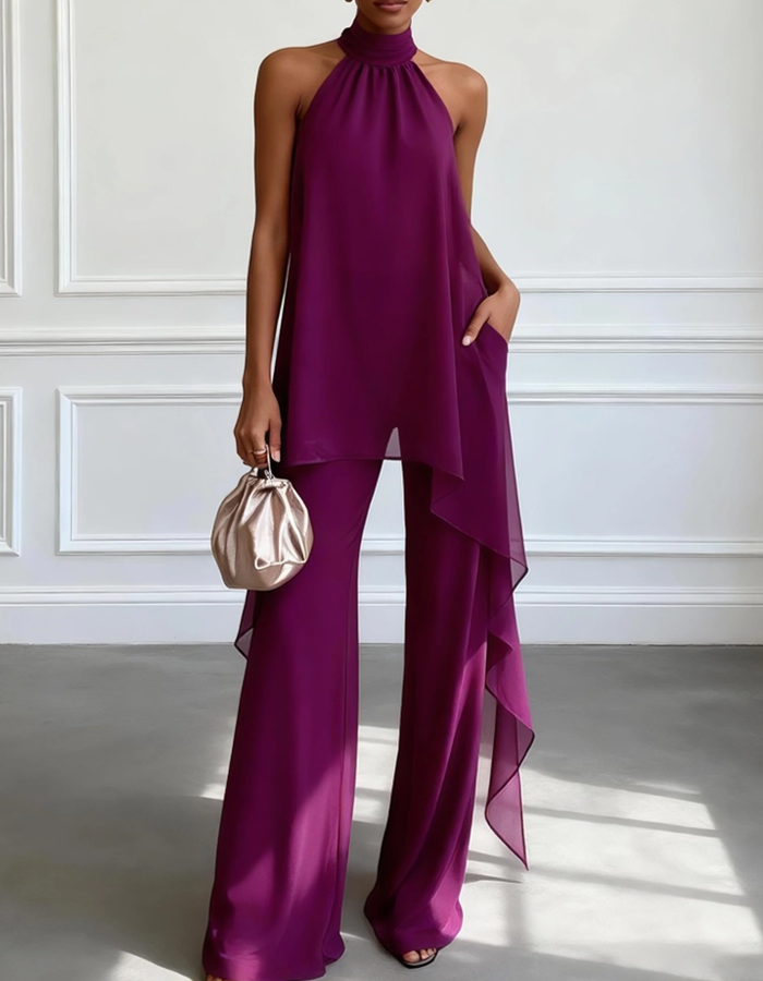Conjunto de 2 peças com Top de Chiffon com Decote Halter e Calças