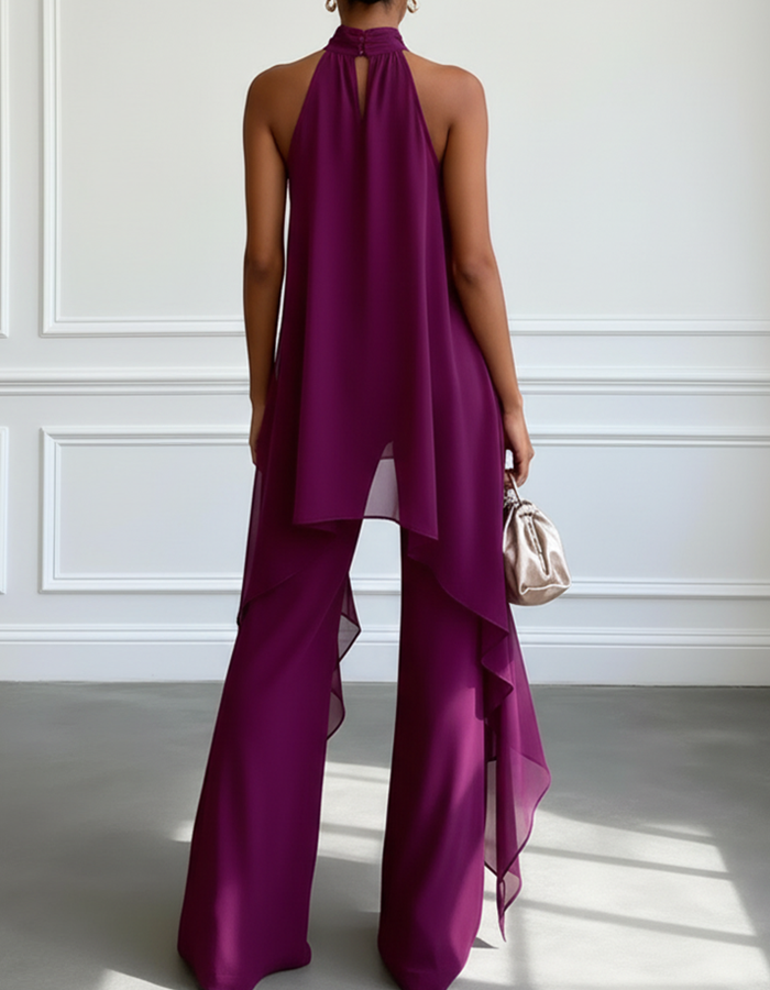 Conjunto de 2 peças com Top de Chiffon com Decote Halter e Calças