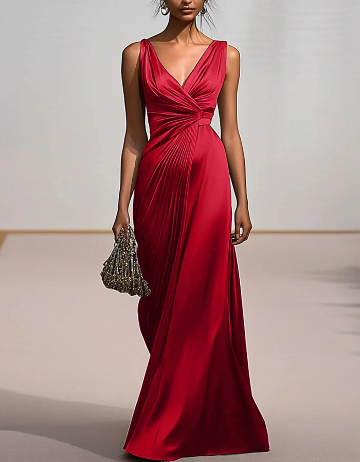 Vestido largo de satén liso con escote en V y drapeado