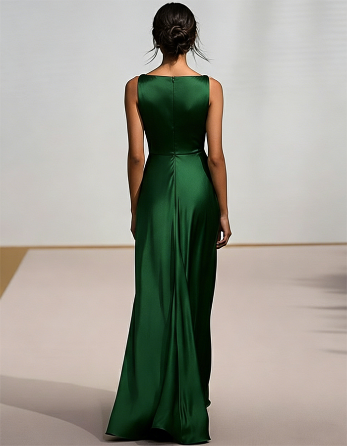 V-neck Draped Solid-color Satin Maxi Dress