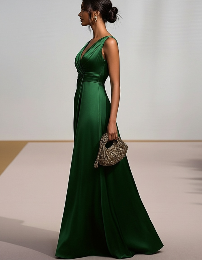 V-neck Draped Solid-color Satin Maxi Dress