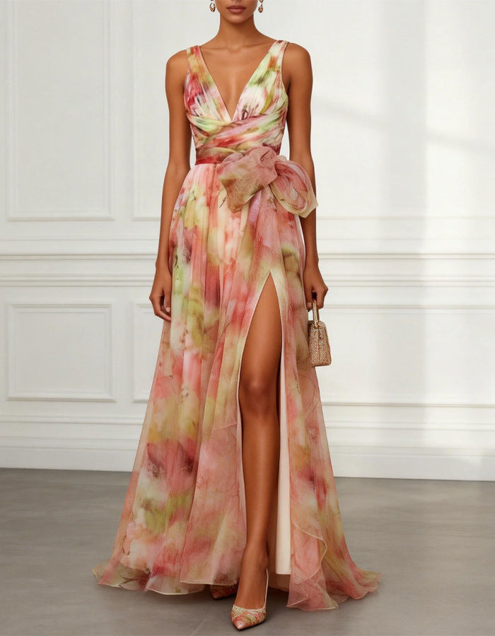 Abito lungo in chiffon tie dye con scollo a V e spacco