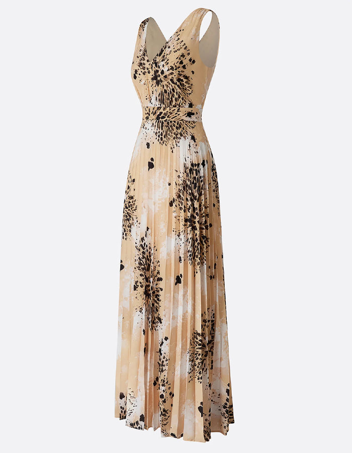 Robe longue camel à imprimé léopard abstrait plissé  
