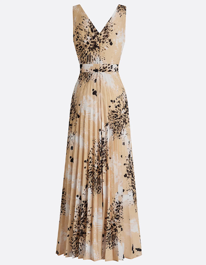 Robe longue camel à imprimé léopard abstrait plissé  