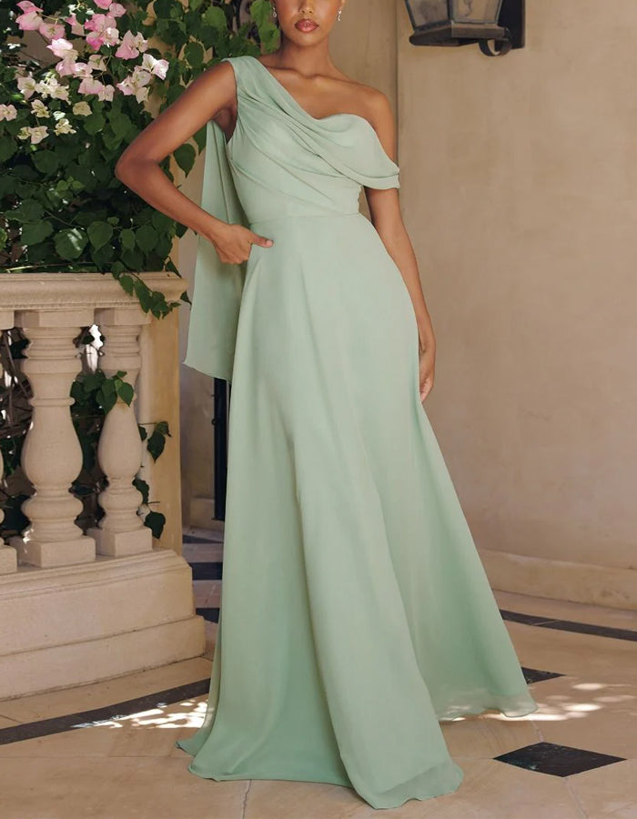 Solid Color Chiffon One Shoulder Ribbon Maxi Dress – Elirelle
