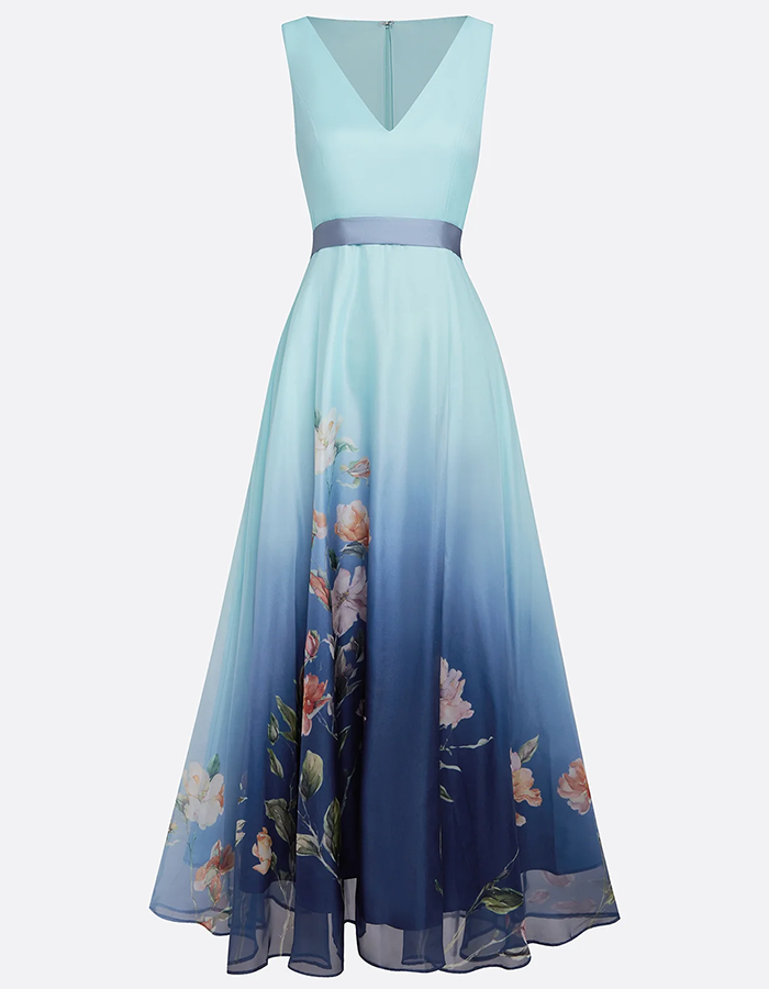 Abito lungo in chiffon con scollo a V e motivo floreale sfumato