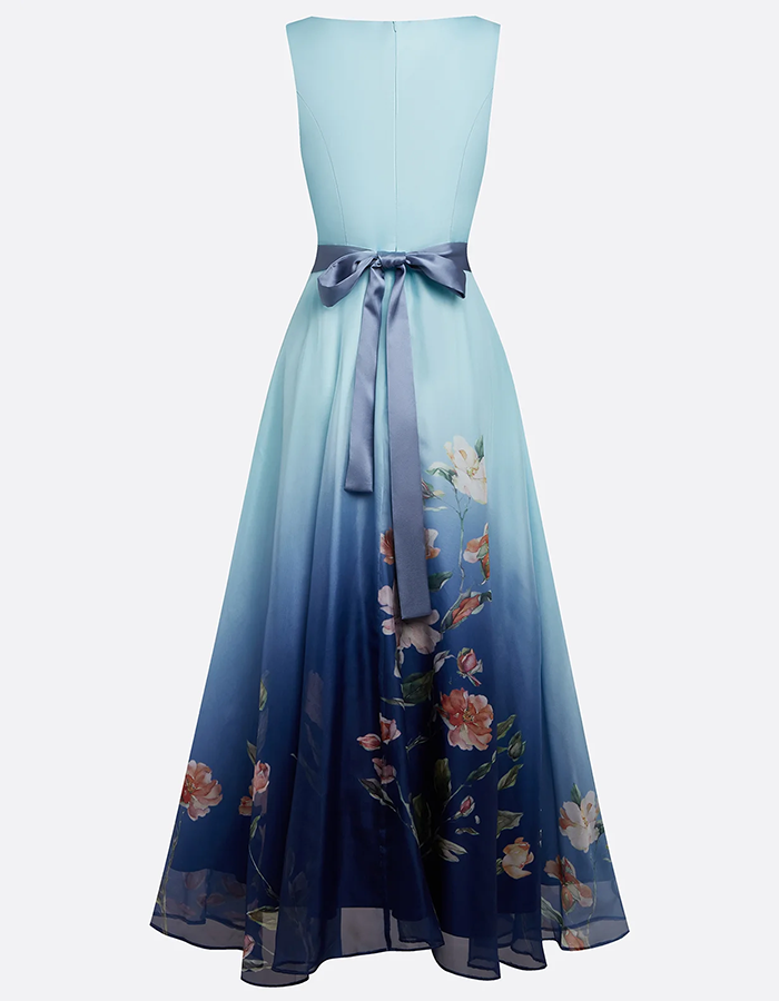 V-Ausschnitt Farbverlauf Blumenmuster Chiffon-Maxikleid