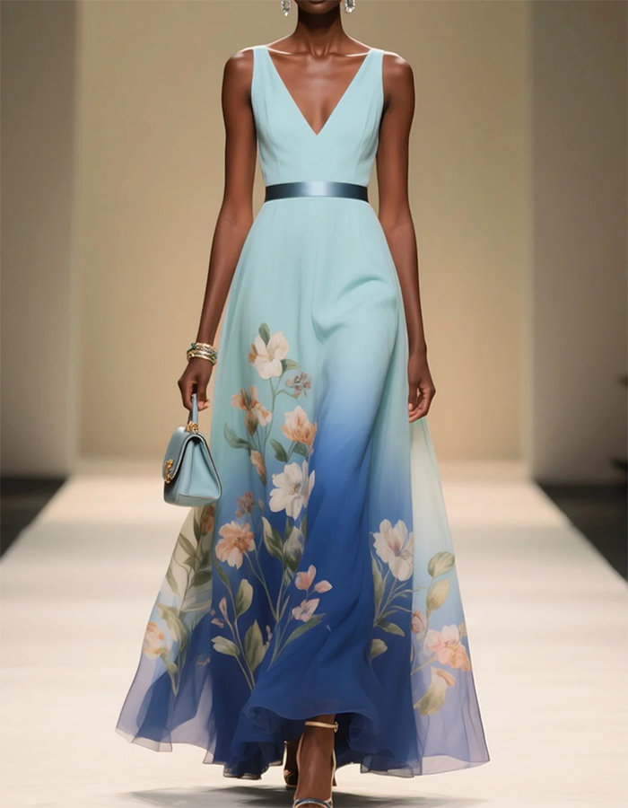 Vestido longo de chiffon com decote em V e padrão floral em degradé