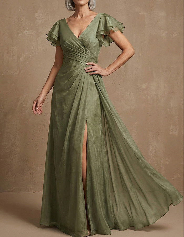Groene maxi-jurk met V-hals en gerimpelde mouwen