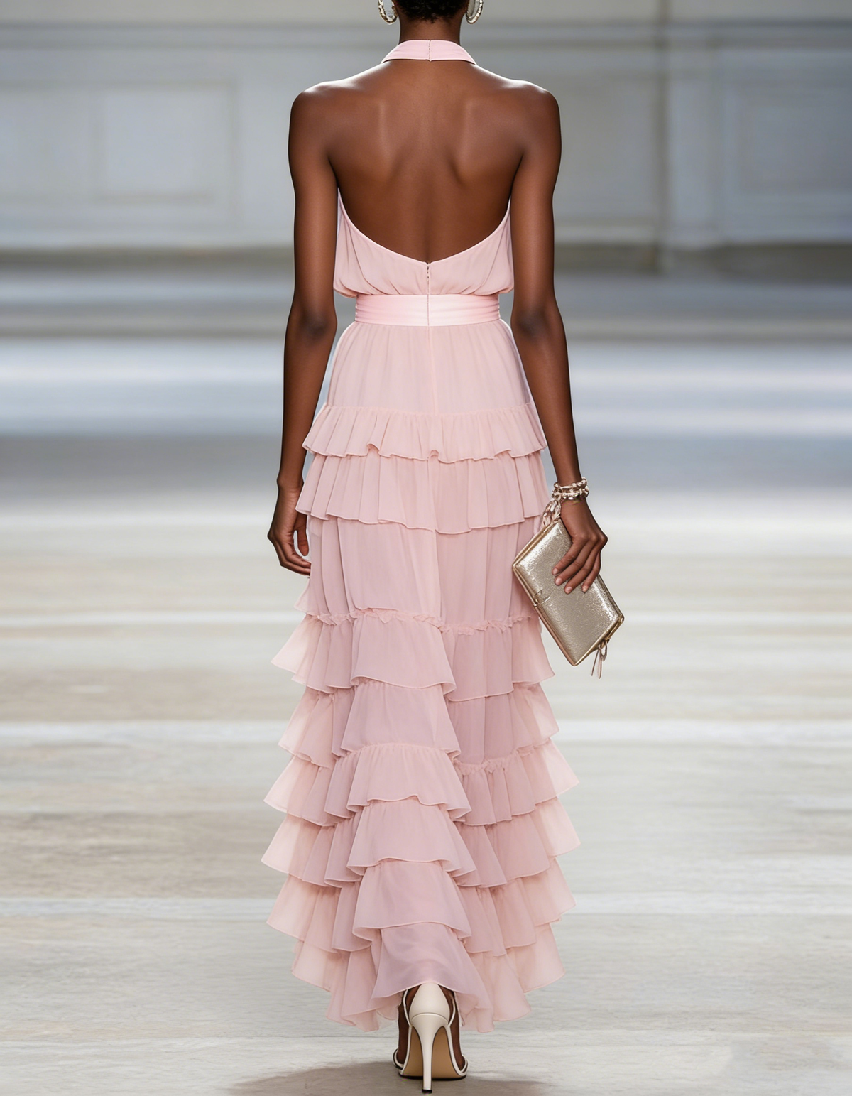 Donkerblauwe chiffon maxi-jurk met halternek en gelaagde ruches