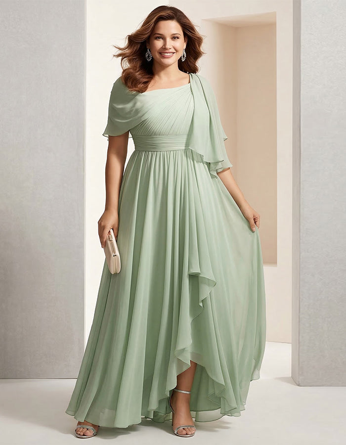 Robe longue vert sauge en mousseline châle asymétrique  