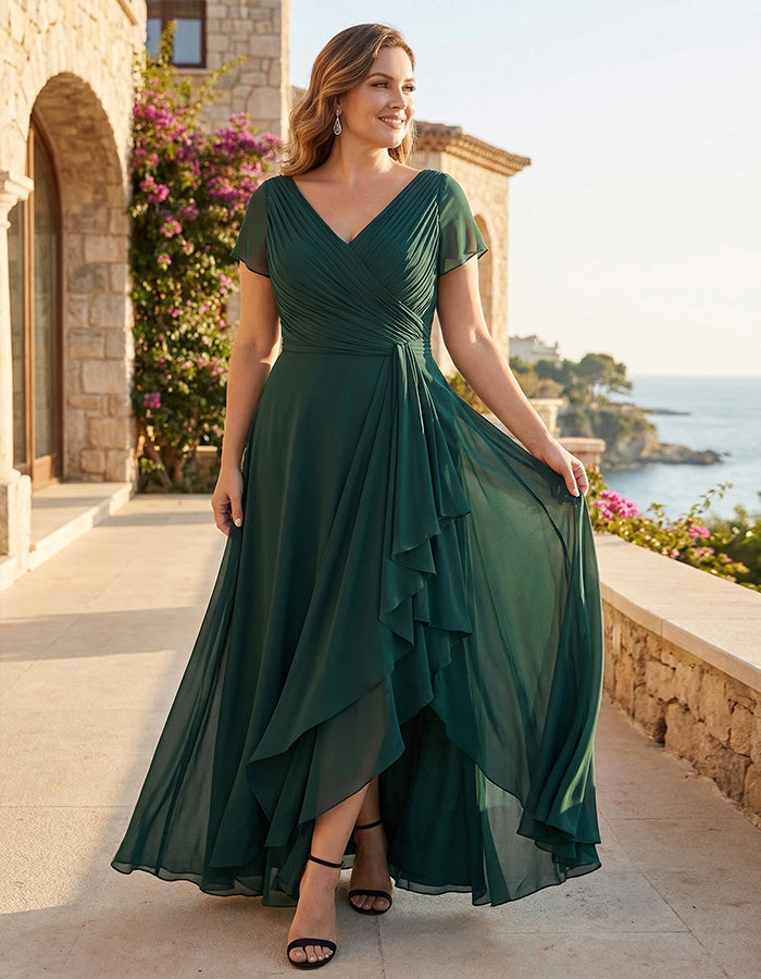 Vestido largo verde oscuro de gasa con envoltura y volantes  