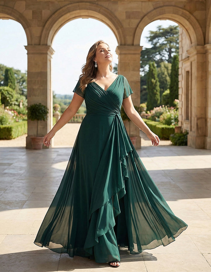 Vestido largo verde oscuro de gasa con envoltura y volantes  