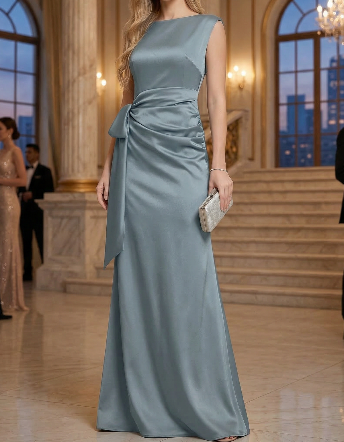 Vestido Maxi de Cetim com Gola Redonda, Cintura Ajustada e Cauda Peixe