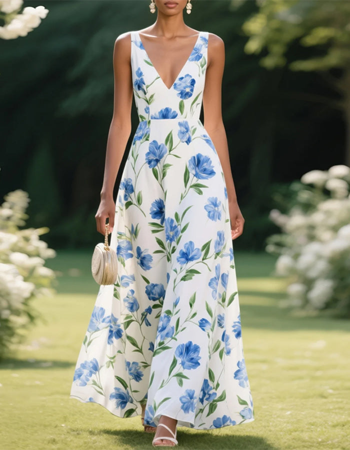 Vestido Maxi Sem Mangas com Fundo Branco e Estampa Floral Azul em Aquarela  