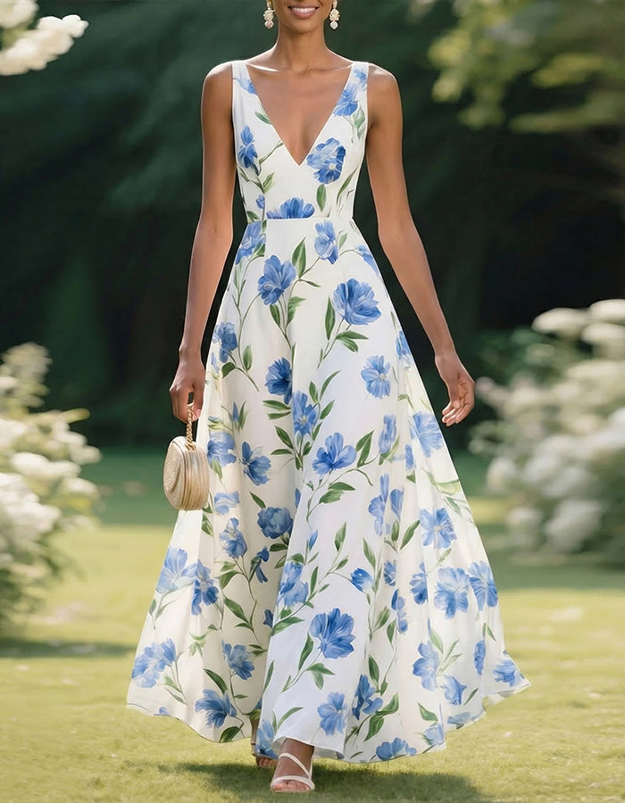 Rochie maxi fără mâneci, cu fundal alb și imprimeu floral acuarelă albastru