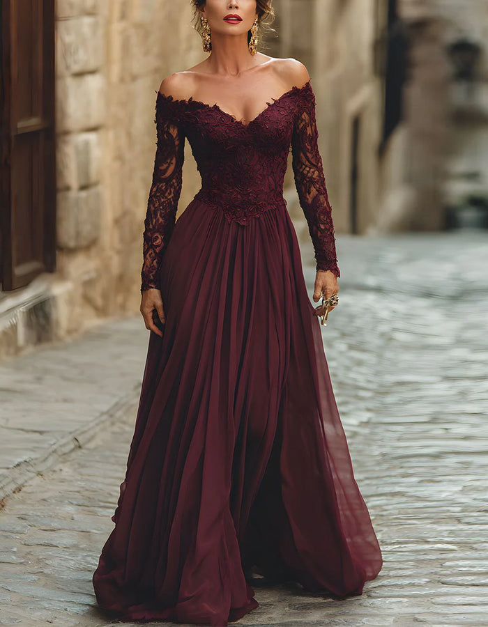 Vestido Maxi de Renda de Cor Sólida Ombro a Ombro com Mangas Compridas  