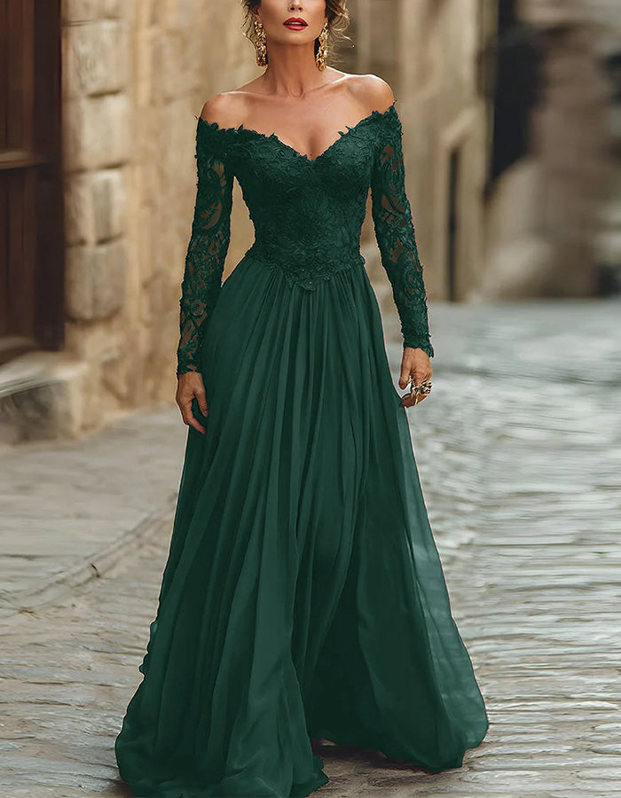Vestido Maxi de Renda de Cor Sólida Ombro a Ombro com Mangas Compridas  