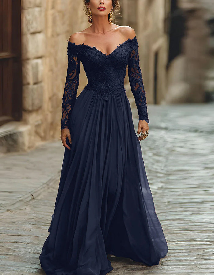 Vestido Maxi de Renda de Cor Sólida Ombro a Ombro com Mangas Compridas  