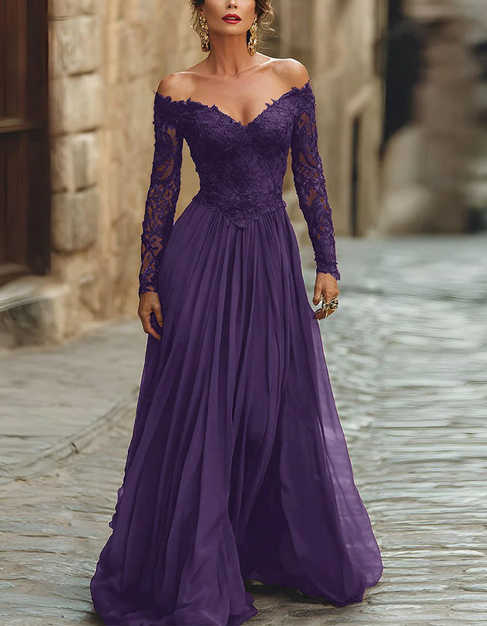 Vestido Maxi de Renda de Cor Sólida Ombro a Ombro com Mangas Compridas  