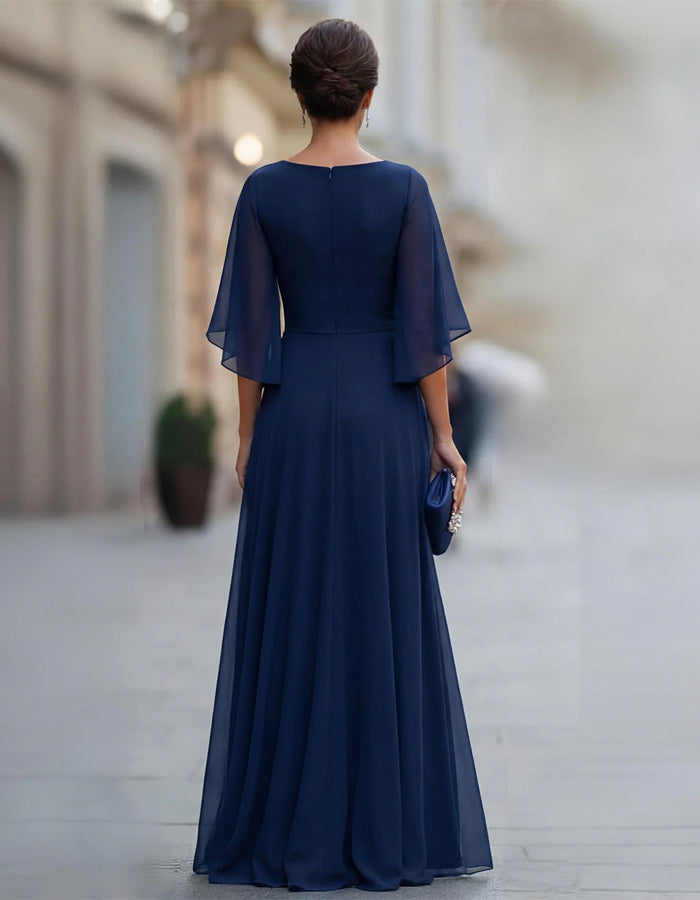 Einfarbiges Chiffon-Maxikleid mit Rundhalsausschnitt, flatternden Ärmeln und tailliert  