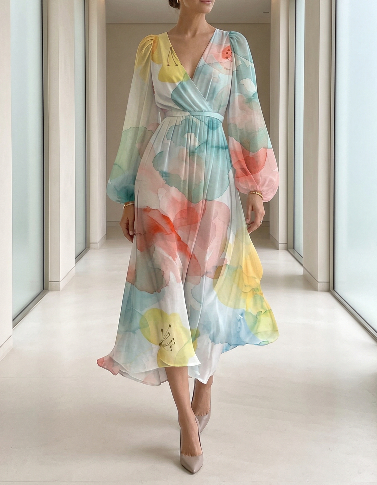 Vestido midi de gasa con escote en V y estampado colorido