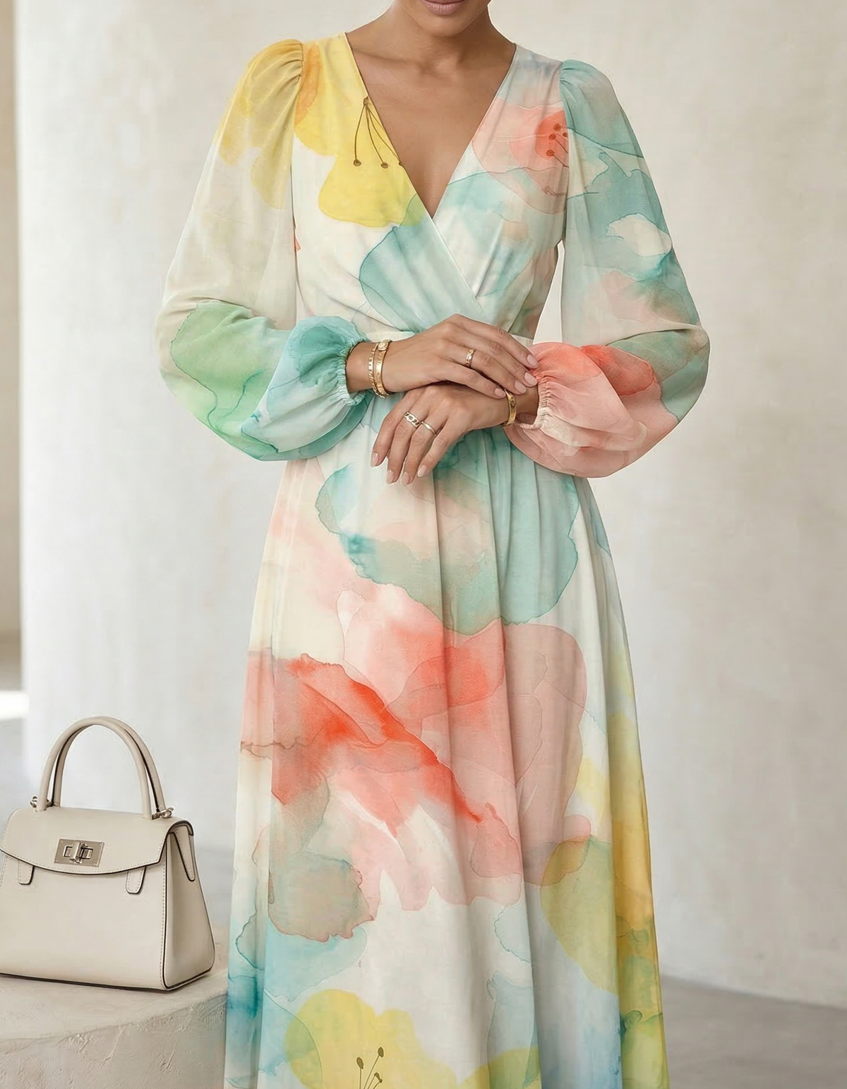 Vestido midi de gasa con escote en V y estampado colorido
