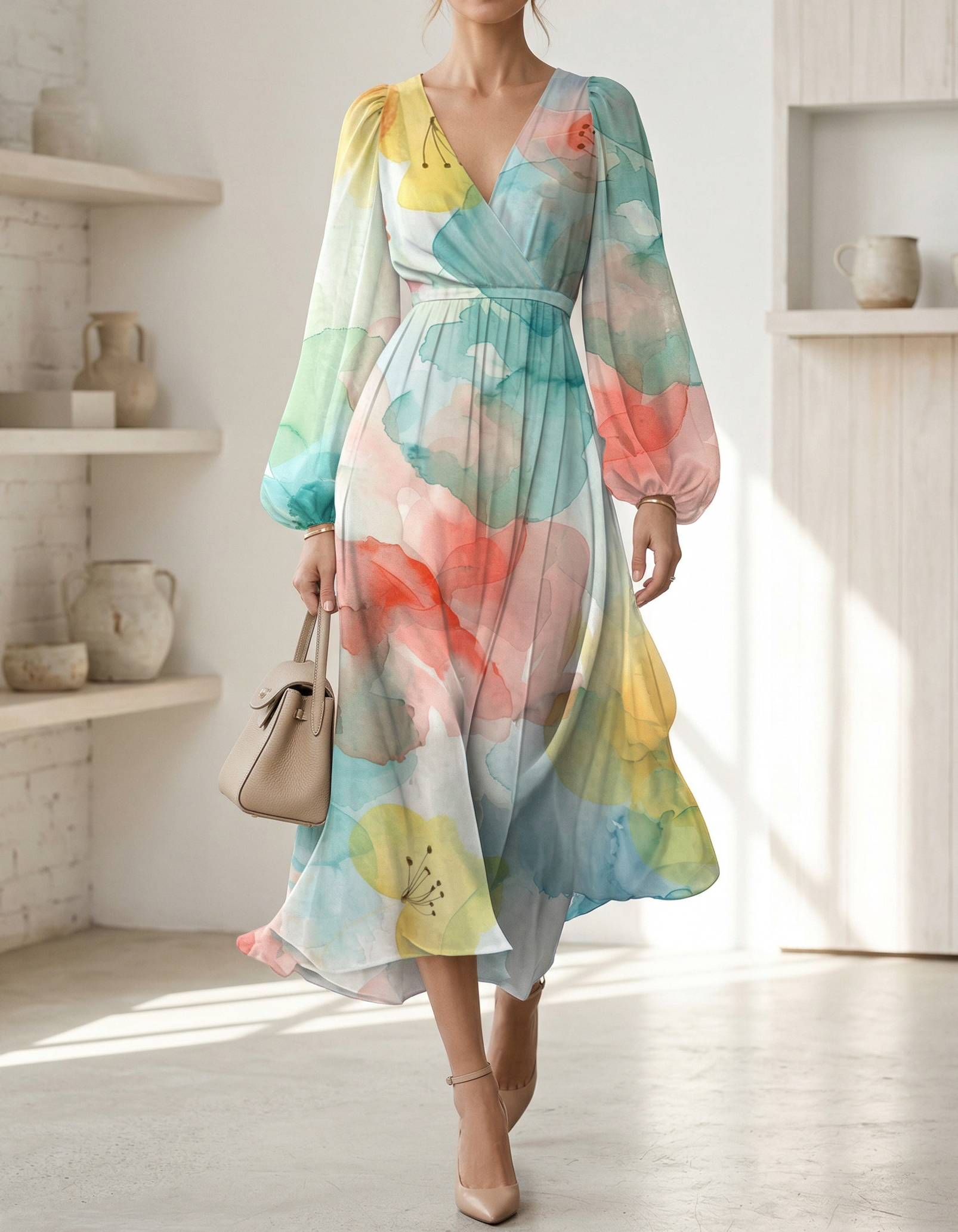 Vestido midi de gasa con escote en V y estampado colorido