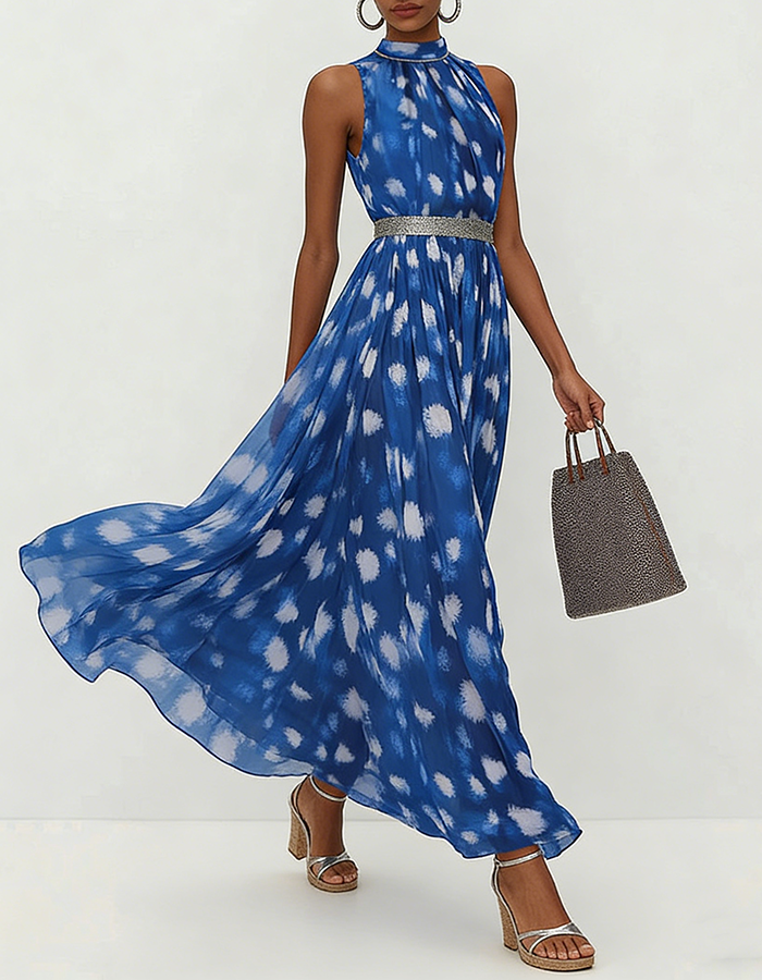 Blauw-witte chiffon maxi-jurk met abstracte stippenprint