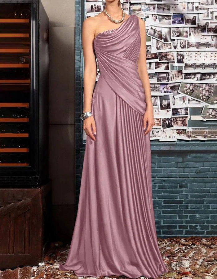Burgundy Satin One-Shoulder Pleated Maxi Dress