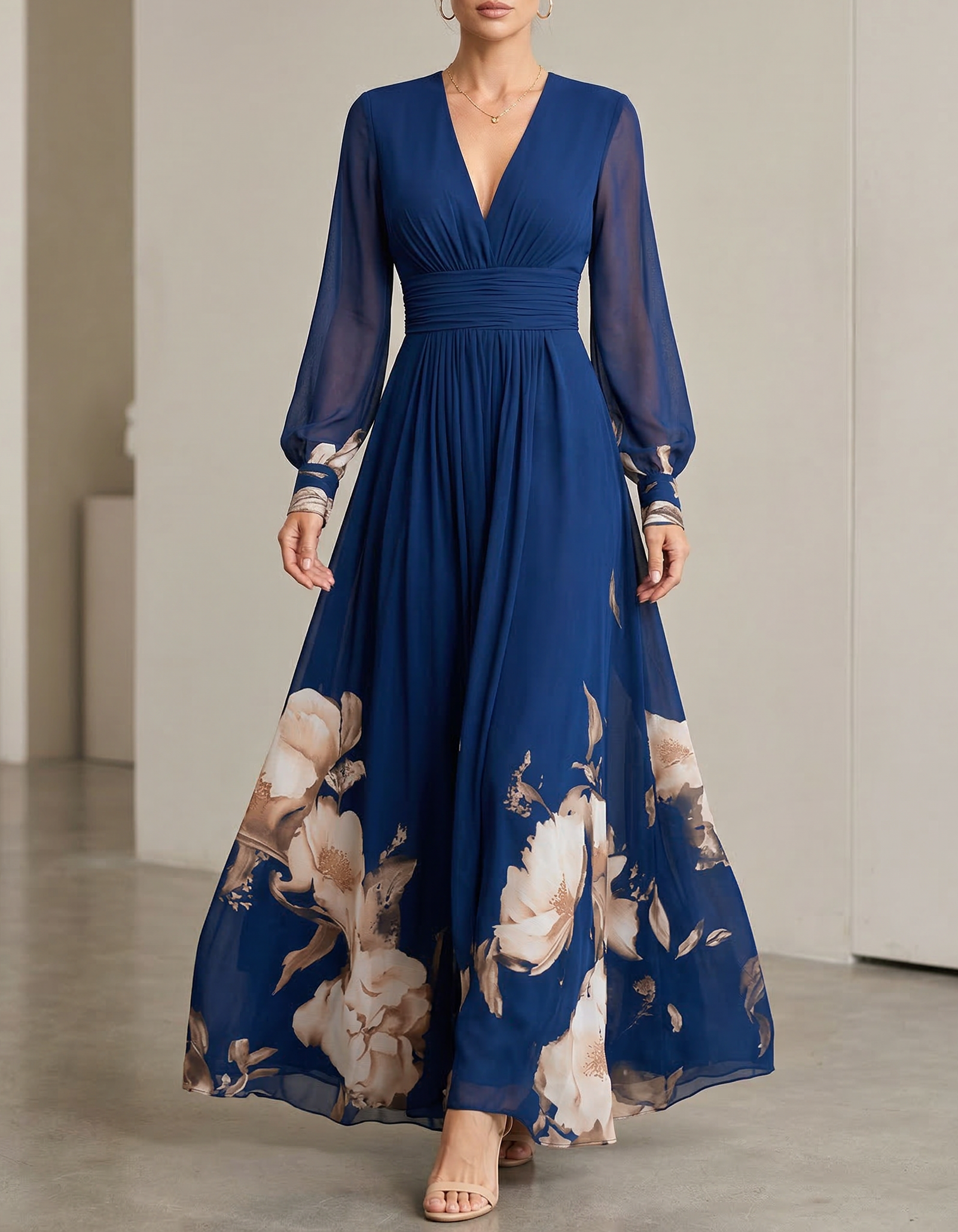 Deep blue Chiffon Floral Print V-Neck Maxi Dress