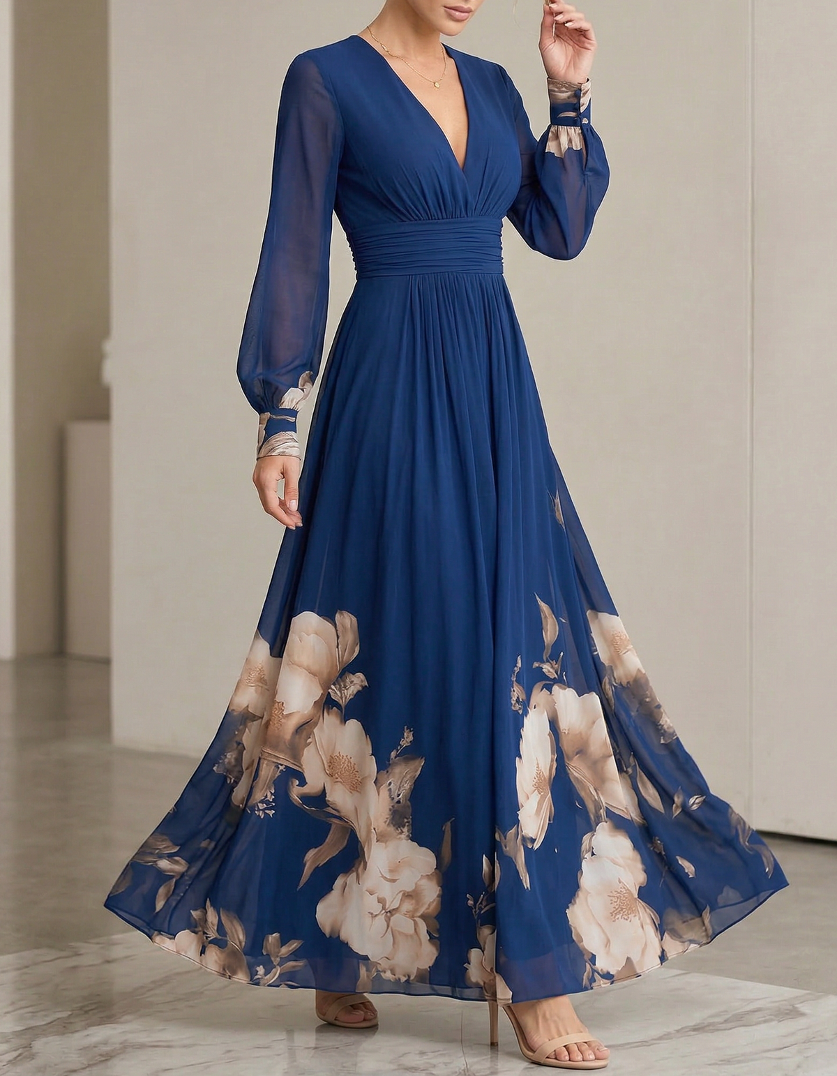 Dunkelblaues Chiffon Maxikleid mit Blumenmuster und V-Ausschnitt