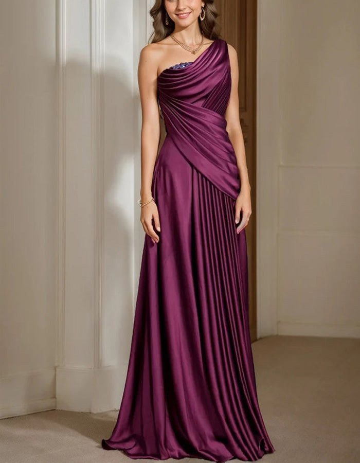 Bordeaux Satin Ein-Schulter plissiertes Maxikleid